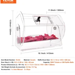 VEVOR Acrylic Raffle Drum,Professional Raffle Ticket Spinning Cage with 2 Keys, Transparent Lottery Spinning Drawing, Holds 5000 Tickets or 200 Raffle Balls, Raffle Ticket Box for Lottery Games Bingo
