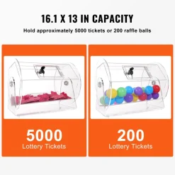 VEVOR Acrylic Raffle Drum,Professional Raffle Ticket Spinning Cage with 2 Keys, Transparent Lottery Spinning Drawing, Holds 5000 Tickets or 200 Raffle Balls, Raffle Ticket Box for Lottery Games Bingo