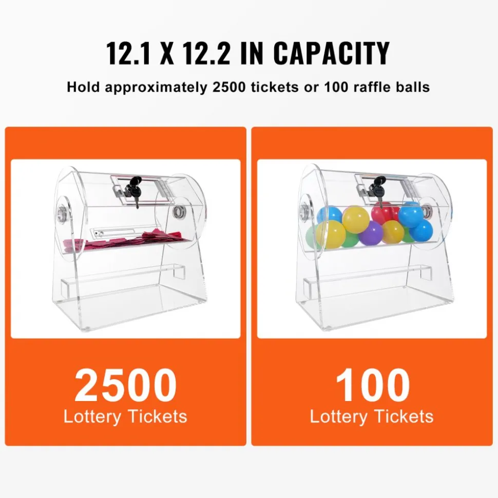 VEVOR Acrylic Raffle Drum, Professional Raffle Ticket Spinning Cage with 2 Keys, Transparent Lottery Spinning Drawing, Holds 2500 Tickets or 100 Raffle Balls,Raffle Ticket Box for Lottery Games Bingo
