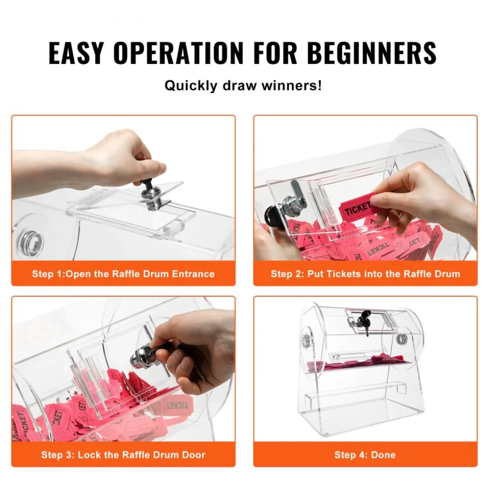 VEVOR Acrylic Raffle Drum, Professional Raffle Ticket Spinning Cage with 2 Keys, Transparent Lottery Spinning Drawing, Holds 2500 Tickets or 100 Raffle Balls,Raffle Ticket Box for Lottery Games Bingo