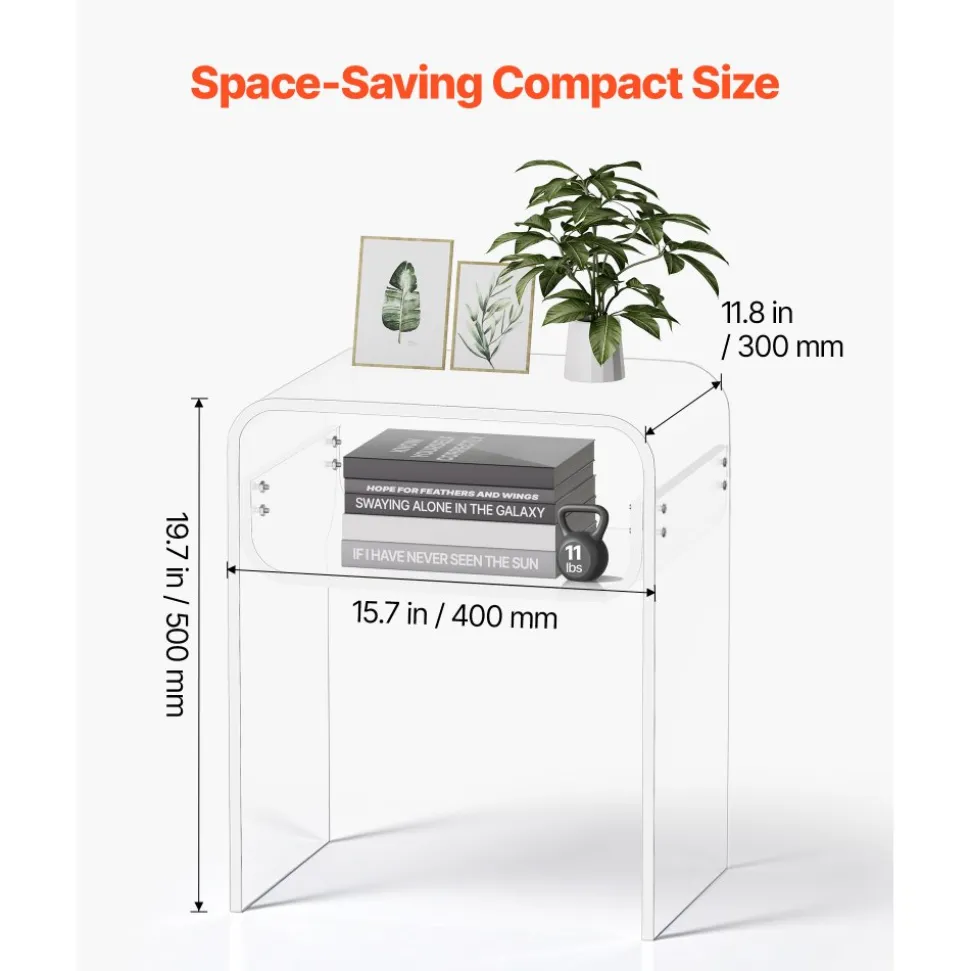 VEVOR Acrylic Side Table, 2 Tiers Clear Bedside Table with Storage Shelf, Modern Rectangle Acrylic End Desk, Transparent Thick Nightstand for Bedroom, Living Room, Study, 11.8 x 15.7 x 19.7 in (Clear)