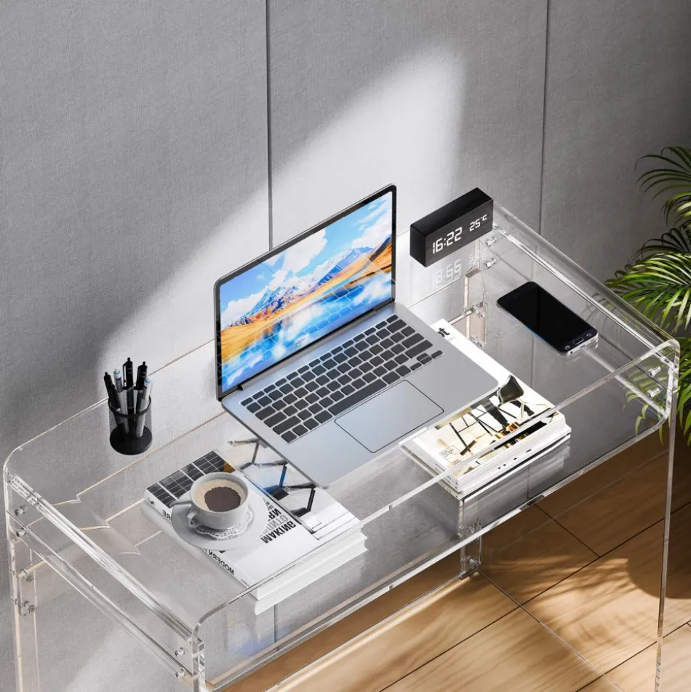 VEVOR Acrylic Table, 2 Tiers Clear Office Desk with Monitor Stand, Acrylic Study Computer Desk, Modern Side End Table Nightstand for Bedroom, Office, Study, Cloakroom, 19.7 x 31.5 x 34.7 in (Clear)