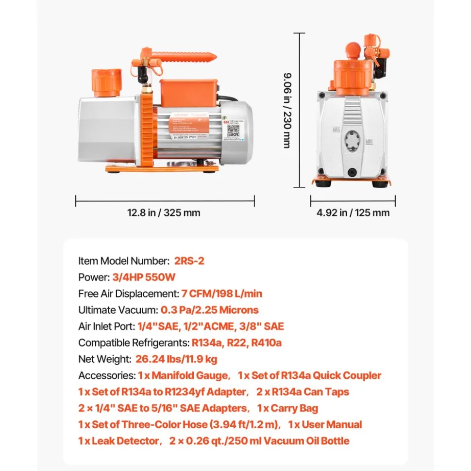 VEVOR AC Vacuum Pump and Gauge Set, 7 CFM 3/4 HP, Two Stage Rotary Vane HVAC Vacuum Pump, A/C Manifold Gauge Kit, for R134a R22 R410a, with Leak Detector Carry Bag Hose, for Auto HVAC Air Conditioning