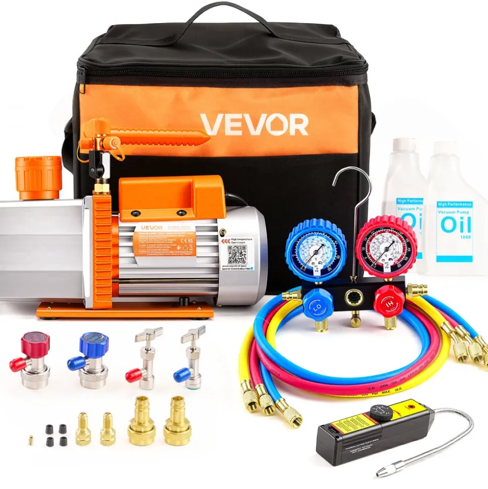 VEVOR AC Vacuum Pump and Gauge Set, 7 CFM 3/4 HP, Two Stage Rotary Vane HVAC Vacuum Pump, A/C Manifold Gauge Kit, for R134a R22 R410a, with Leak Detector Carry Bag Hose, for Auto HVAC Air Conditioning