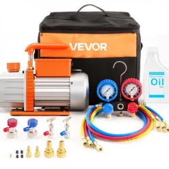 VEVOR AC Vacuum Pump and Gauge Set, 4.5 CFM 1/3 HP, Single Stage Rotary Vane HVAC Vacuum Pump, A/C Manifold Gauge Kit, for R134a R22 R410a R1234YF R32, with Carry Bag, for Auto HVAC Air Conditioning