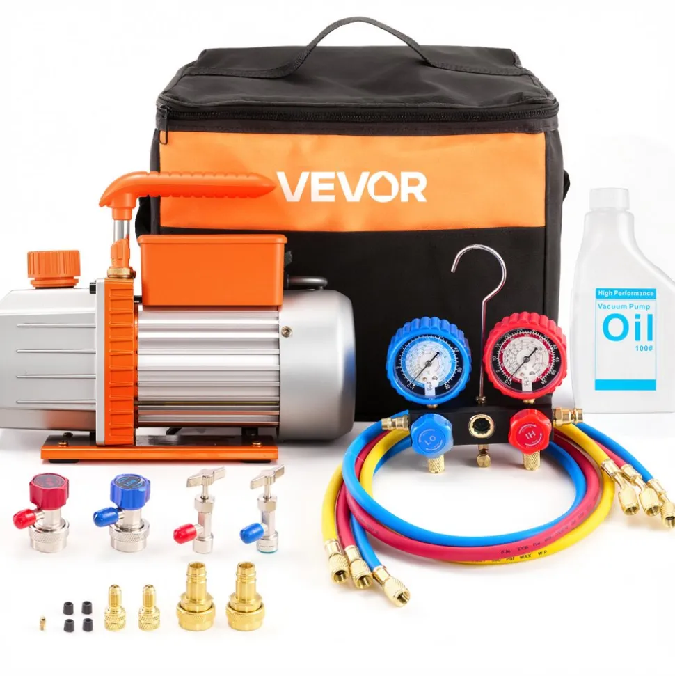 VEVOR AC Vacuum Pump and Gauge Set, 4.5 CFM 1/3 HP, Single Stage Rotary Vane HVAC Vacuum Pump, A/C Manifold Gauge Kit, for R134a R22 R410a R1234YF R32, with Carry Bag, for Auto HVAC Air Conditioning