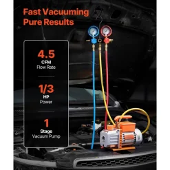 VEVOR AC Vacuum Pump and Gauge Set, 4.5 CFM 1/3 HP, Single Stage Rotary Vane HVAC Vacuum Pump, A/C Manifold Gauge Kit, for R134a R22 R410a R1234YF R32, with Carry Bag, for Auto HVAC Air Conditioning