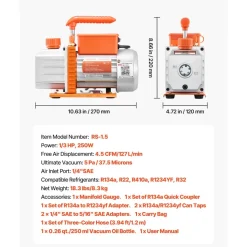 VEVOR AC Vacuum Pump and Gauge Set, 4.5 CFM 1/3 HP, Single Stage Rotary Vane HVAC Vacuum Pump, A/C Manifold Gauge Kit, for R134a R22 R410a R1234YF R32, with Carry Bag, for Auto HVAC Air Conditioning