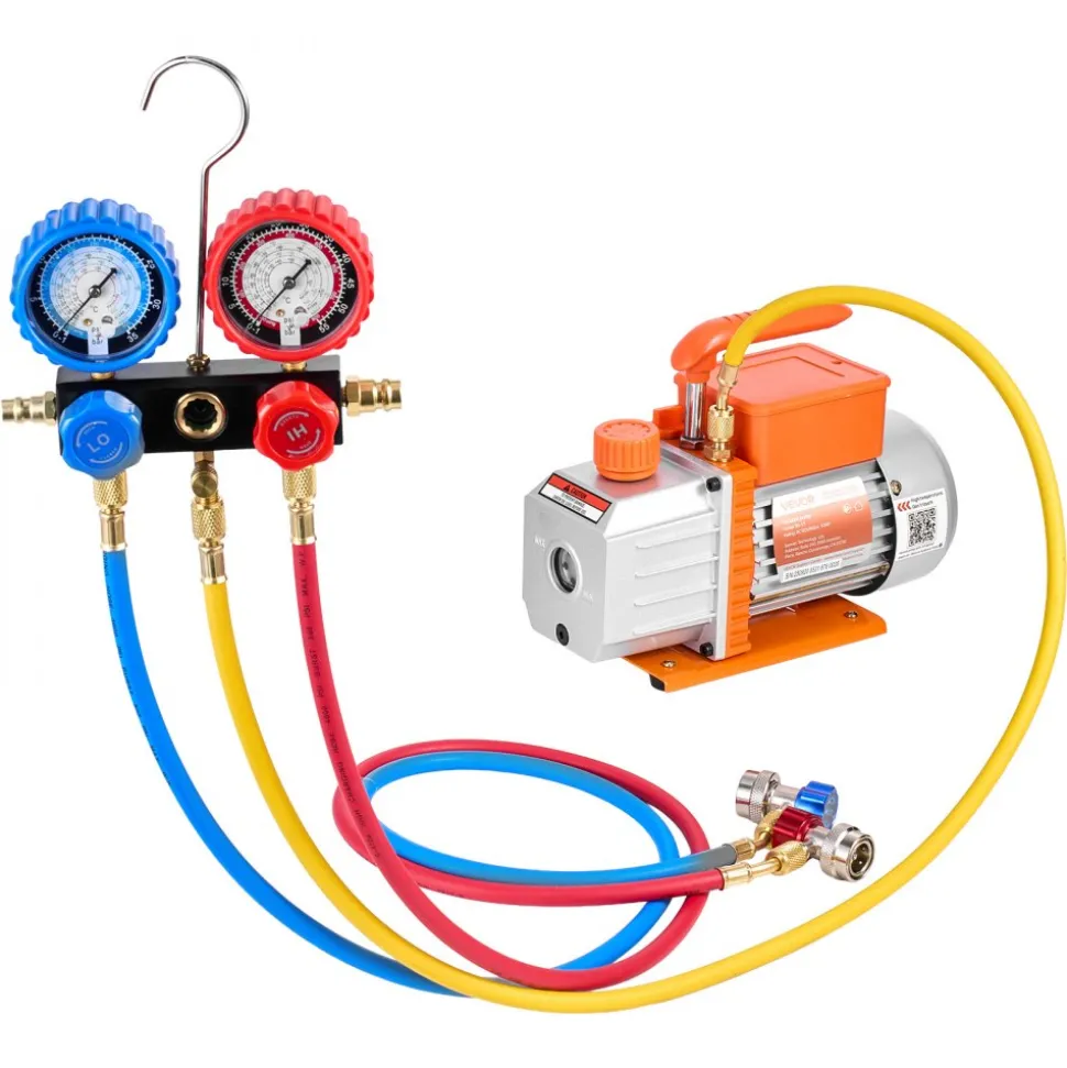 VEVOR AC Vacuum Pump and Gauge Set, 4.5 CFM 1/3 HP, Single Stage Rotary Vane HVAC Vacuum Pump, A/C Manifold Gauge Kit, for R134a R22 R410a R1234YF R32, with Carry Bag, for Auto HVAC Air Conditioning