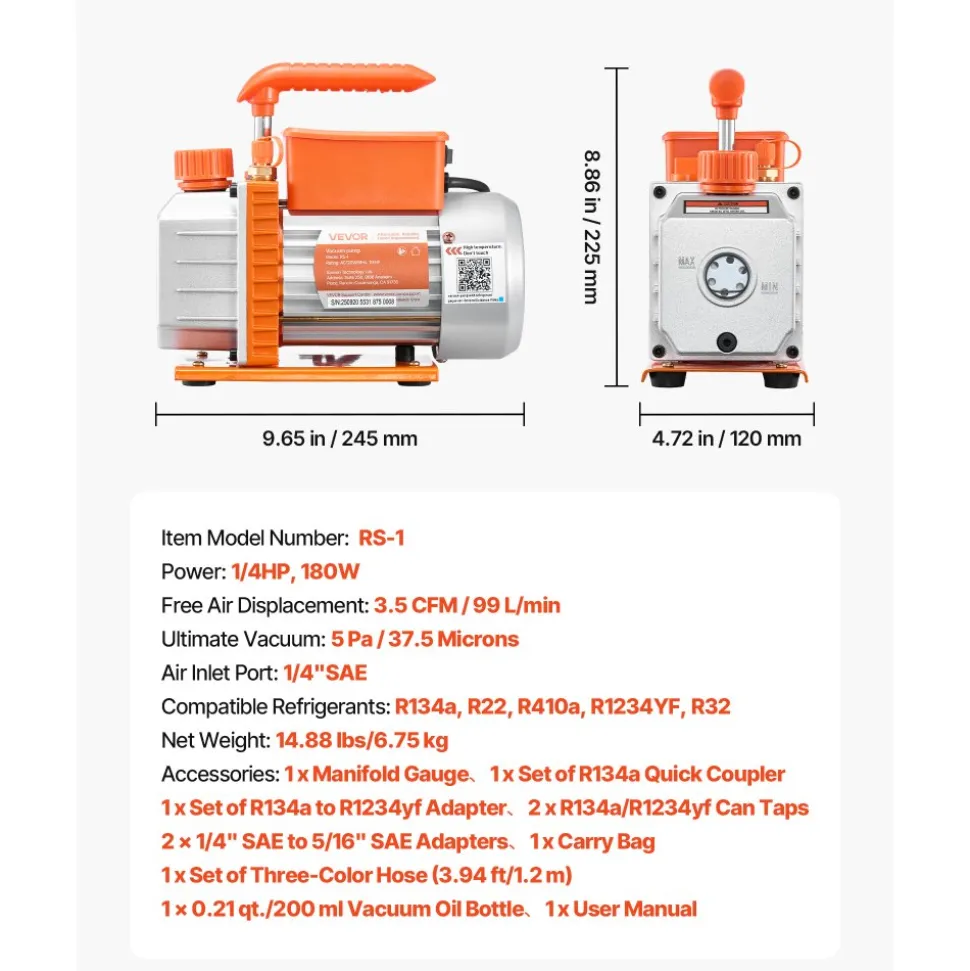 VEVOR AC Vacuum Pump and Gauge Set, 3.5 CFM 1/4 HP, Single Stage Rotary Vane HVAC Vacuum Pump, A/C Manifold Gauge Kit, for R134a R22 R410a R1234YF R32, with Carry Bag, for Auto HVAC Air Conditioning