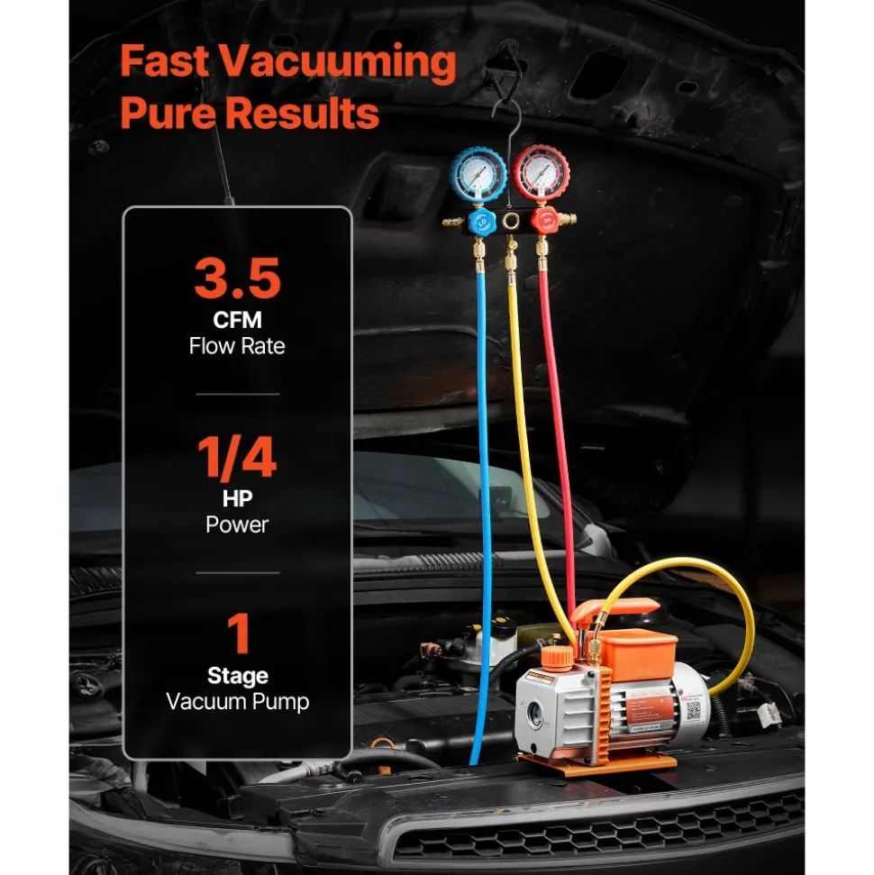 VEVOR AC Vacuum Pump and Gauge Set, 3.5 CFM 1/4 HP, Single Stage Rotary Vane HVAC Vacuum Pump, A/C Manifold Gauge Kit, for R134a R22 R410a R1234YF R32, with Carry Bag, for Auto HVAC Air Conditioning