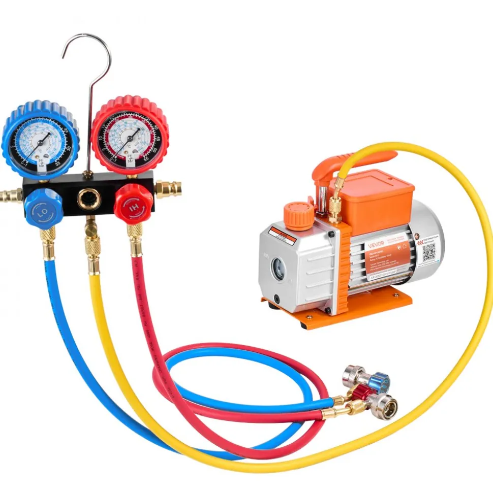VEVOR AC Vacuum Pump and Gauge Set, 3.5 CFM 1/4 HP, Single Stage Rotary Vane HVAC Vacuum Pump, A/C Manifold Gauge Kit, for R134a R22 R410a R1234YF R32, with Carry Bag, for Auto HVAC Air Conditioning