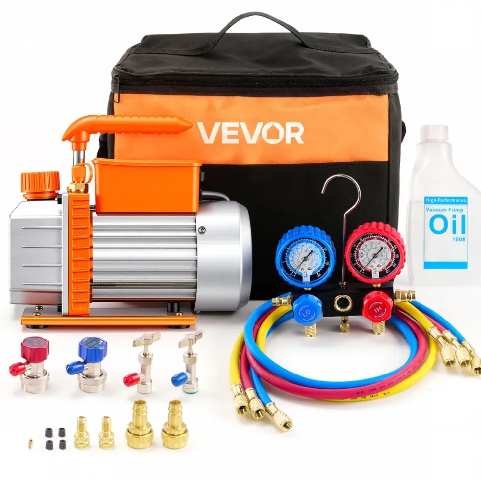 VEVOR AC Vacuum Pump and Gauge Set, 3.5 CFM 1/4 HP, Single Stage Rotary Vane HVAC Vacuum Pump, A/C Manifold Gauge Kit, for R134a R22 R410a R1234YF R32, with Carry Bag, for Auto HVAC Air Conditioning