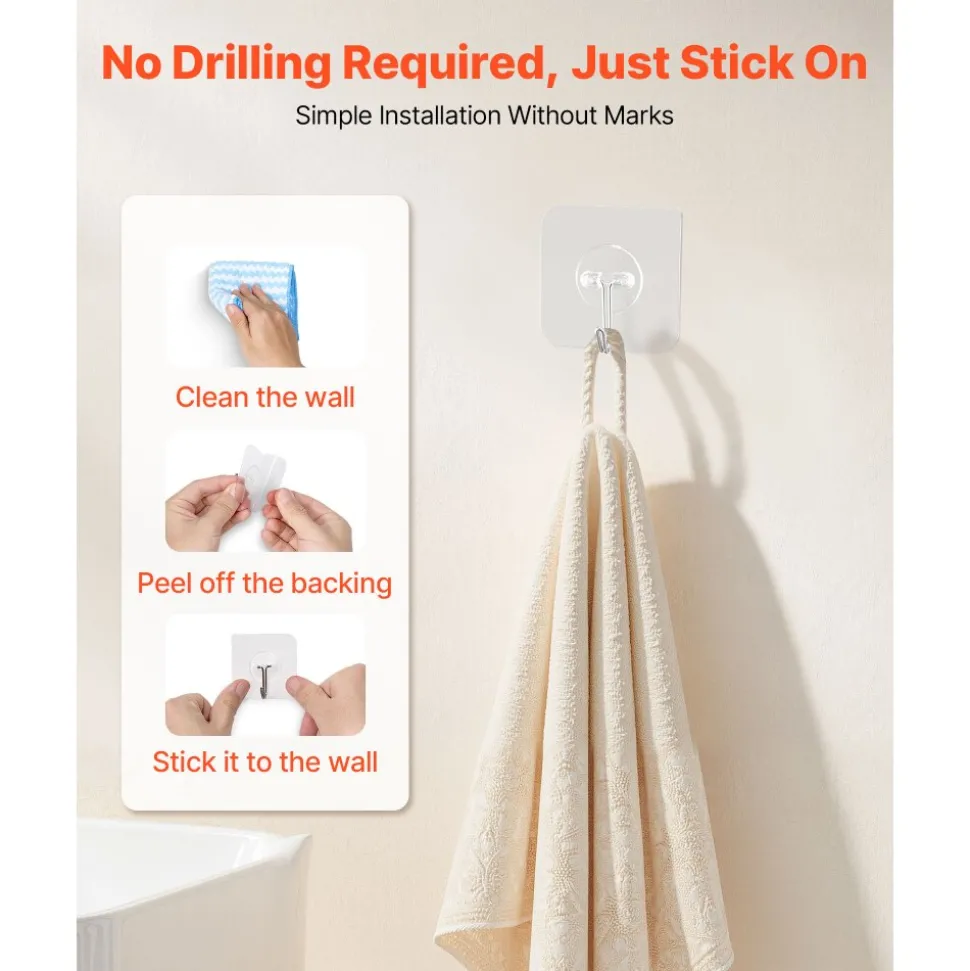 VEVOR Adhesive Hooks, 12 Pack Self-Adhesive Towel Coat Hooks, Heavy-Duty Wall Hook Hold 15 lbs (Max), Stainless Steel Sticky Hanger, for Bathroom, Kitchen, Hanging Towel, Coat & Keys (Transparent)
