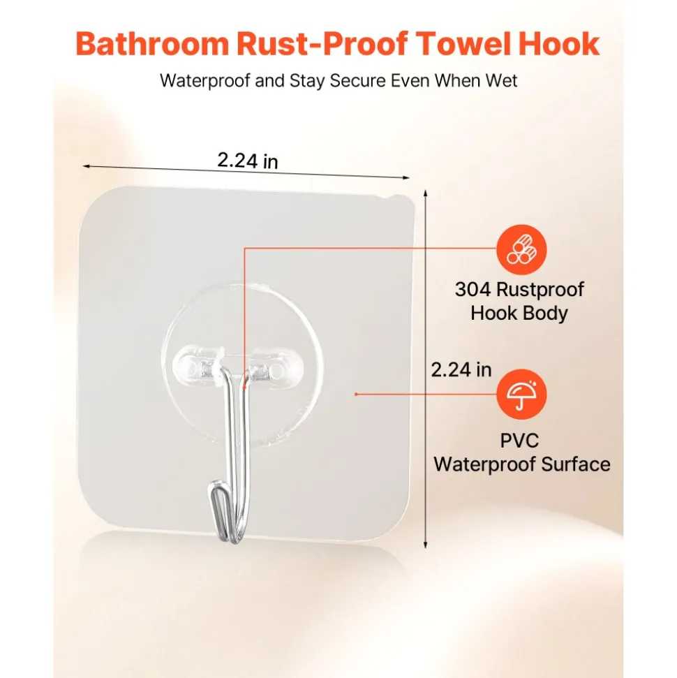 VEVOR Adhesive Hooks, 12 Pack Self-Adhesive Towel Coat Hooks, Heavy-Duty Wall Hook Hold 15 lbs (Max), Stainless Steel Sticky Hanger, for Bathroom, Kitchen, Hanging Towel, Coat & Keys (Transparent)