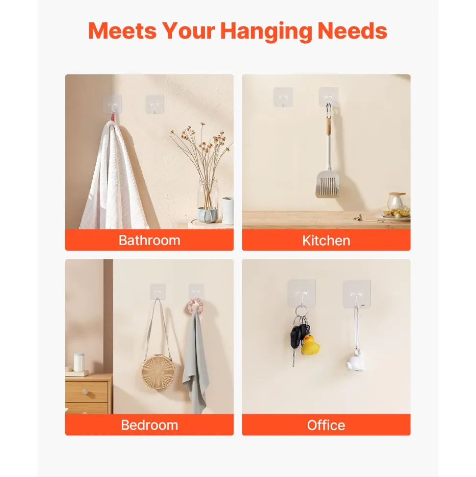 VEVOR Adhesive Hooks, 12 Pack Self-Adhesive Towel Coat Hooks, Heavy-Duty Wall Hook Hold 15 lbs (Max), Stainless Steel Sticky Hanger, for Bathroom, Kitchen, Hanging Towel, Coat & Keys (Transparent)