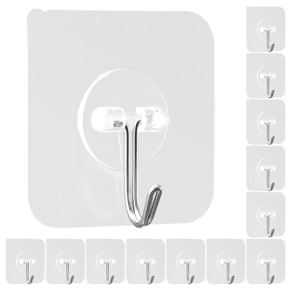 VEVOR Adhesive Hooks, 12 Pack Self-Adhesive Towel Coat Hooks, Heavy-Duty Wall Hook Hold 15 lbs (Max), Stainless Steel Sticky Hanger, for Bathroom, Kitchen, Hanging Towel, Coat & Keys (Transparent)