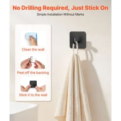 VEVOR Adhesive Hooks, 4 Pack Self-Adhesive Towel Coat Hooks, Heavy-Duty Wall Hook Hold 15 lbs (Max), Stainless Steel Sticky Hanger, for Bathroom, Kitchen, Hanging Towel, Coat & Keys (Matte Black)