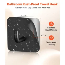 VEVOR Adhesive Hooks, 4 Pack Self-Adhesive Towel Coat Hooks, Heavy-Duty Wall Hook Hold 15 lbs (Max), Stainless Steel Sticky Hanger, for Bathroom, Kitchen, Hanging Towel, Coat & Keys (Matte Black)