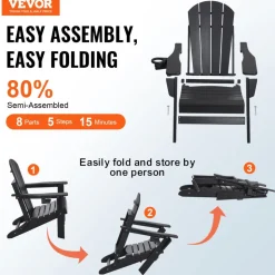 VEVOR Adirondack Chair Plastic, Set of 2 All-Weather Portable Folding Fire Pit Chair, Outdoor Adirondack Patio Chair with Cup Holder, with Relaxing Arm Rest Ergonomic, for Garden, Backyard - Black