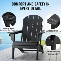VEVOR Adirondack Chair Plastic, Set of 2 All-Weather Portable Folding Fire Pit Chair, Outdoor Adirondack Patio Chair with Cup Holder, with Relaxing Arm Rest Ergonomic, for Garden, Backyard - Black