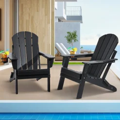 VEVOR Adirondack Chair Plastic, Set of 2 All-Weather Portable Folding Fire Pit Chair, Outdoor Adirondack Patio Chair with Cup Holder, with Relaxing Arm Rest Ergonomic, for Garden, Backyard - Black