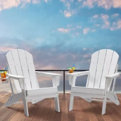 VEVOR Adirondack Chair Plastic, Set of 2 All-Weather Portable Folding Fire Pit Chair, Outdoor Adirondack Patio Chair with Cup Holder, with Relaxing Arm Rest Ergonomic, for Garden, Backyard - White