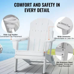 VEVOR Adirondack Chair Plastic, Set of 2 All-Weather Portable Folding Fire Pit Chair, Outdoor Adirondack Patio Chair with Cup Holder, with Relaxing Arm Rest Ergonomic, for Garden, Backyard - White