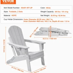 VEVOR Adirondack Chair Plastic, Set of 2 All-Weather Portable Folding Fire Pit Chair, Outdoor Adirondack Patio Chair with Cup Holder, with Relaxing Arm Rest Ergonomic, for Garden, Backyard - White