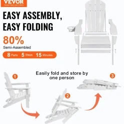 VEVOR Adirondack Chair Plastic, Set of 2 All-Weather Portable Folding Fire Pit Chair, Outdoor Adirondack Patio Chair with Cup Holder, with Relaxing Arm Rest Ergonomic, for Garden, Backyard - White