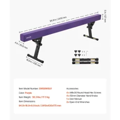VEVOR Adjustable Balane Beam for Kids, 8FT Gymnastics Beam, High and Low Floor Beams of 5 Adjustable Heights for All Gymnastic Levels, Professional Gymnastic Equipment for Home and Gym Center, Purple