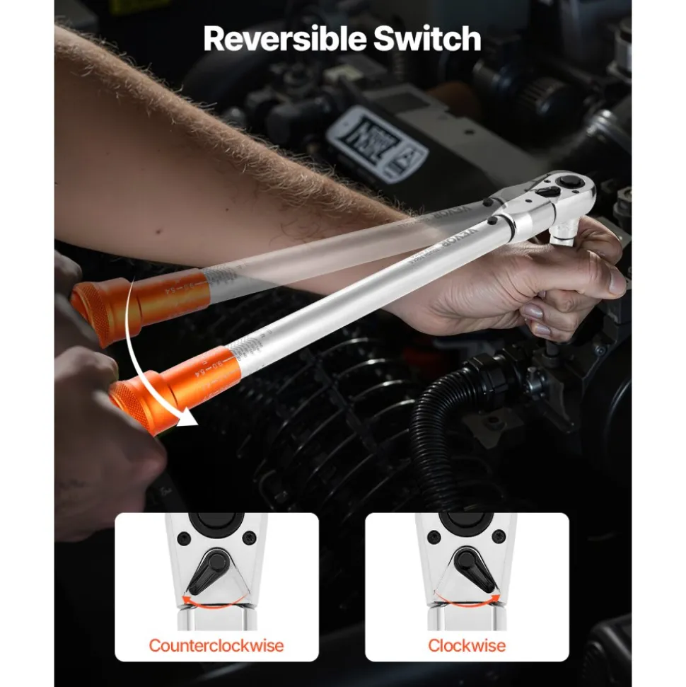 VEVOR Adjustable Click Torque Wrench, 1/2 Inch Drive, 20-160 lbf-ft/27.1-216.8 N.m, Dual-direction and Dual Range Scales, 72-Tooth, ±2% Precision, with Adapter Interchangeable Jaw and Ratchet Head