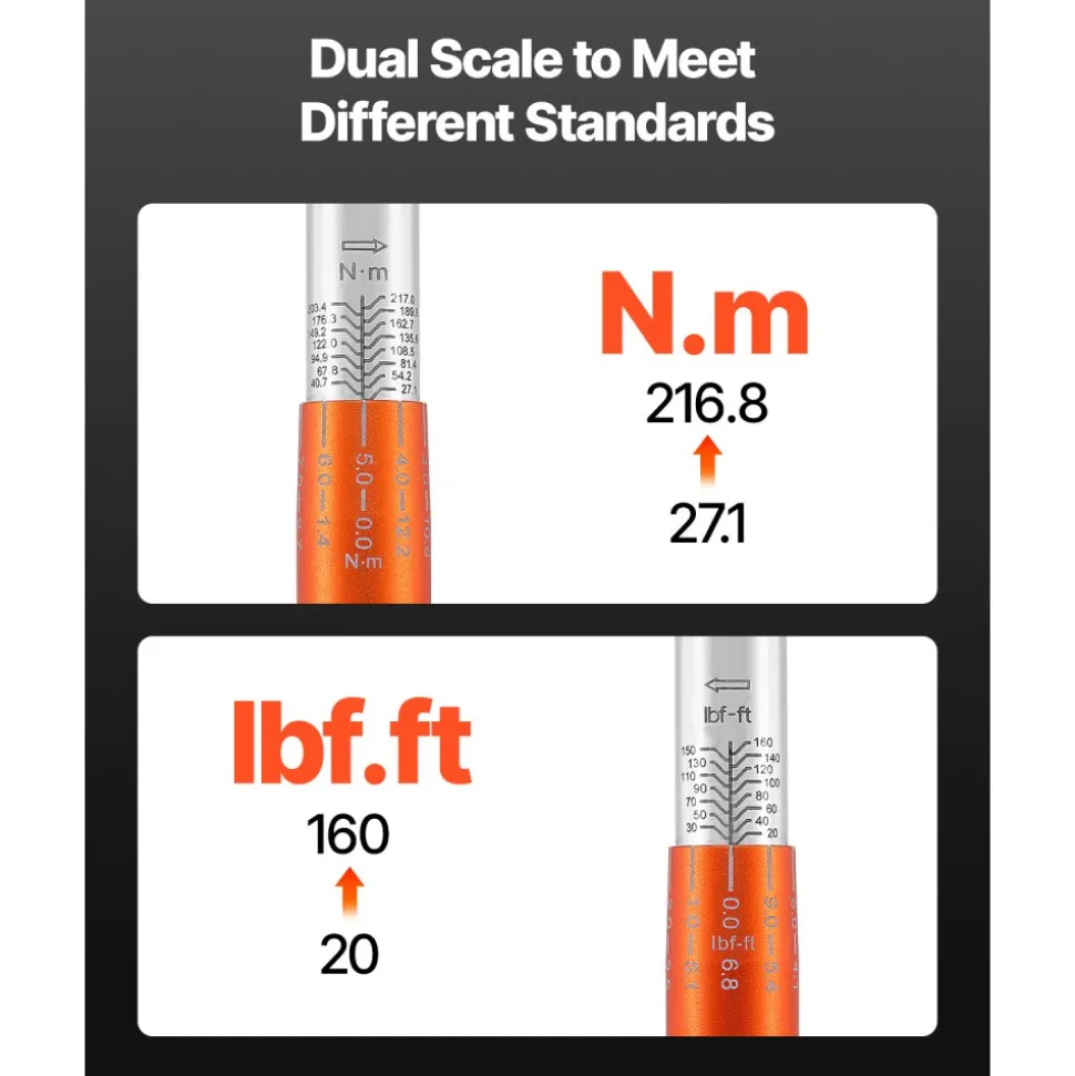 VEVOR Adjustable Click Torque Wrench, 1/2 Inch Drive, 20-160 lbf-ft/27.1-216.8 N.m, Dual-direction and Dual Range Scales, 72-Tooth, ±2% Precision, with Adapter Interchangeable Jaw and Ratchet Head