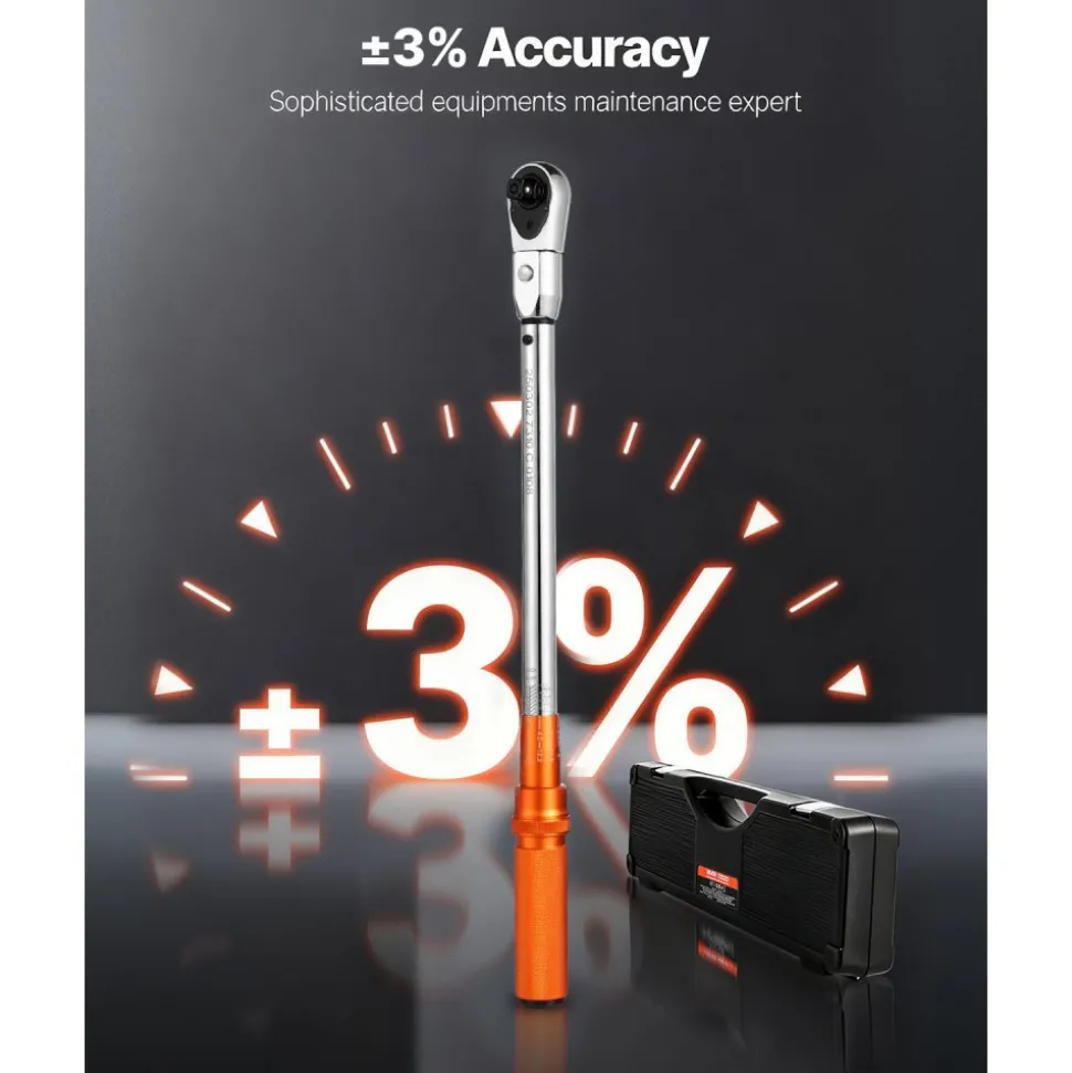 VEVOR Adjustable Click Torque Wrench, 1/2 Inch Drive, 20-160 lbf-ft/27.1-216.8 N.m, Dual-direction and Dual Range Scales, 72-Tooth, ±2% Precision, with Adapter Interchangeable Jaw and Ratchet Head
