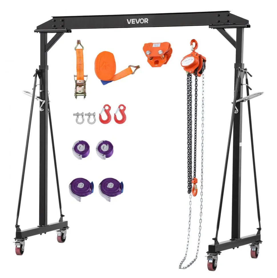VEVOR Adjustable Gantry Crane, 2200 lbs Capacity, Portable Shop Lift Hoist with 95.7-142.9 in Height Adjustable, Manual Trolley, Hoist, Sling, Shackles, Hooks, for Garage Factory Warehouse Auto Repair