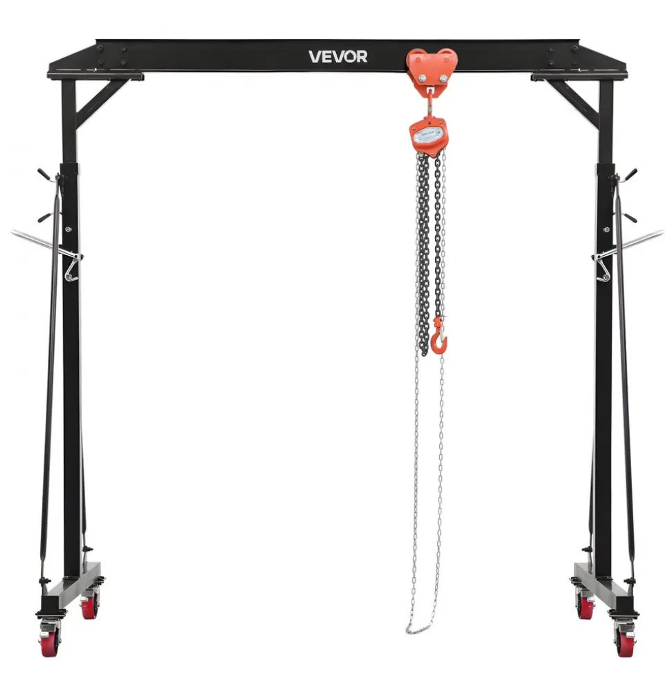 VEVOR Adjustable Gantry Crane, 2200 lbs Capacity, Portable Shop Lift Hoist with 95.7-142.9 in Height Adjustable, Manual Trolley, Hoist, Sling, Shackles, Hooks, for Garage Factory Warehouse Auto Repair