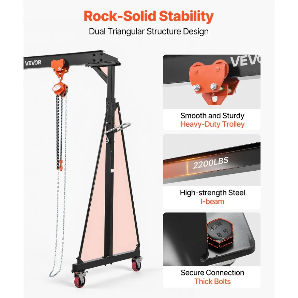 VEVOR Adjustable Gantry Crane, 2200 lbs Capacity, Portable Shop Lift Hoist with 95.7-142.9 in Height Adjustable, Manual Trolley, Hoist, Sling, Shackles, Hooks, for Garage Factory Warehouse Auto Repair