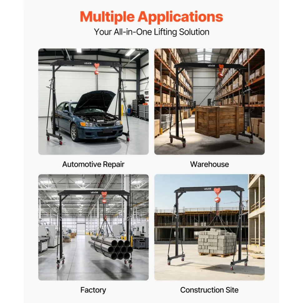 VEVOR Adjustable Gantry Crane, 2200 lbs Capacity, Portable Shop Lift Hoist with 95.7-142.9 in Height Adjustable, Manual Trolley, Hoist, Sling, Shackles, Hooks, for Garage Factory Warehouse Auto Repair