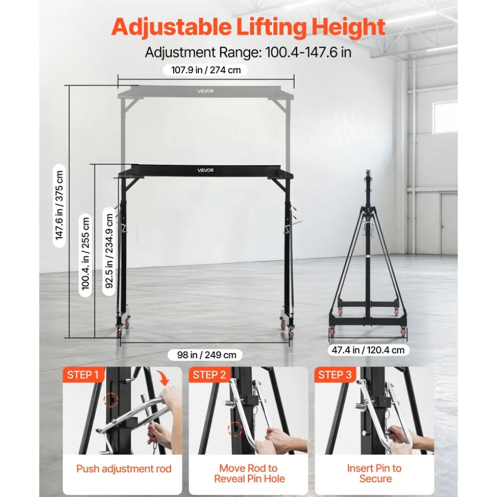 VEVOR Adjustable Gantry Crane, 5000 lbs Capacity, Portable Shop Lift Hoist with 100.4-147.6 in Height Adjustable, Manual Trolley, Locking Wheels, Steel Construction, for Factory Warehouse Auto Repair