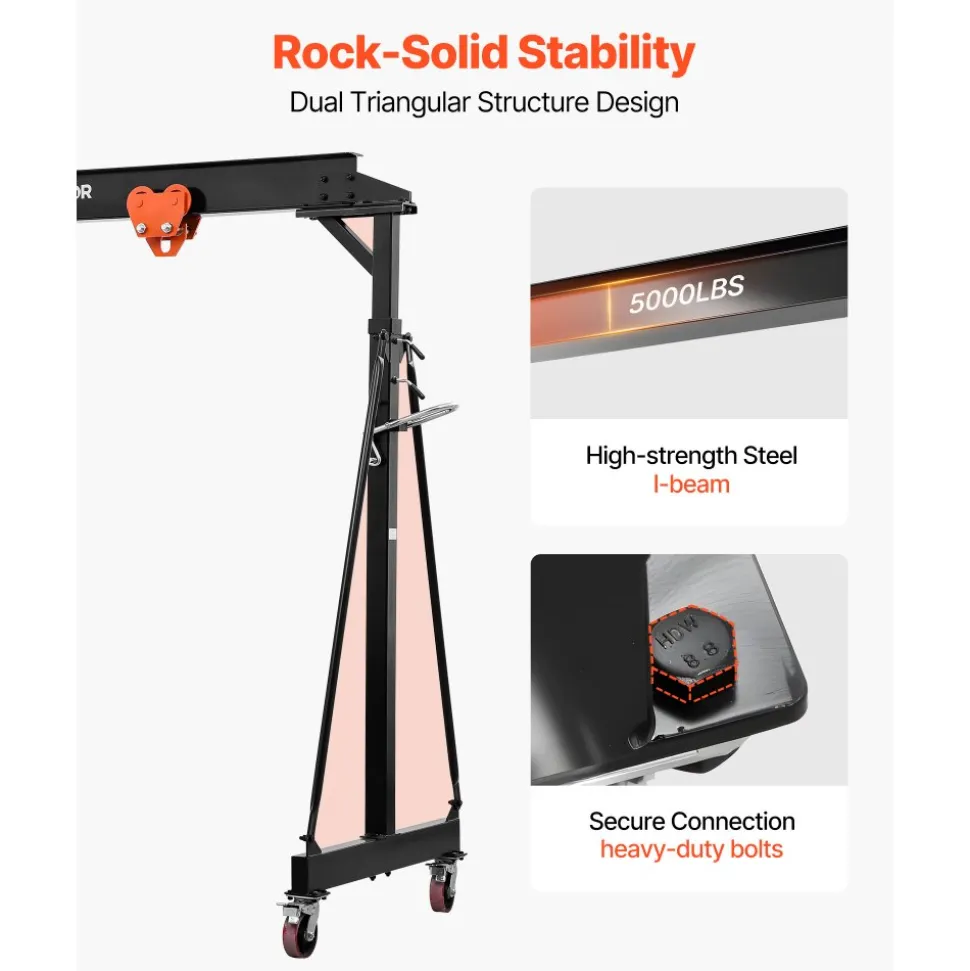 VEVOR Adjustable Gantry Crane, 5000 lbs Capacity, Portable Shop Lift Hoist with 100.4-147.6 in Height Adjustable, Manual Trolley, Locking Wheels, Steel Construction, for Factory Warehouse Auto Repair