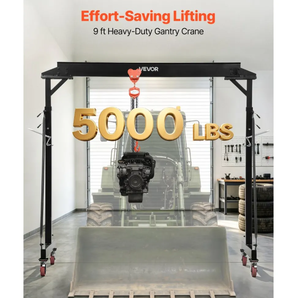 VEVOR Adjustable Gantry Crane, 5000 lbs Capacity, Portable Shop Lift Hoist with 100.4-147.6 in Height Adjustable, Manual Trolley, Locking Wheels, Steel Construction, for Factory Warehouse Auto Repair