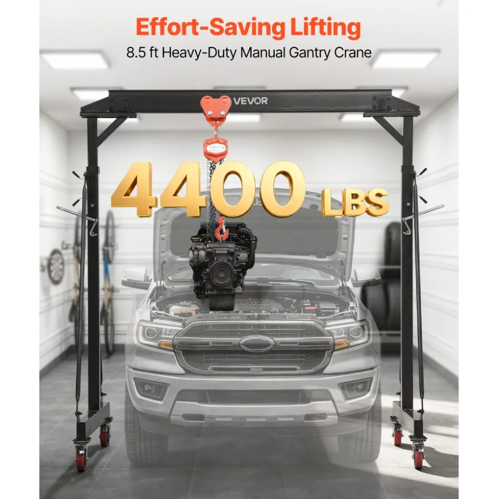 VEVOR Adjustable Gantry Crane, 4400 lbs Capacity, Portable Shop Lift Hoist with 99.6-146.9 in Height Adjustable, Manual Trolley, Hoist, Sling, Shackles, Hooks, for Garage Factory Warehouse Auto Repair