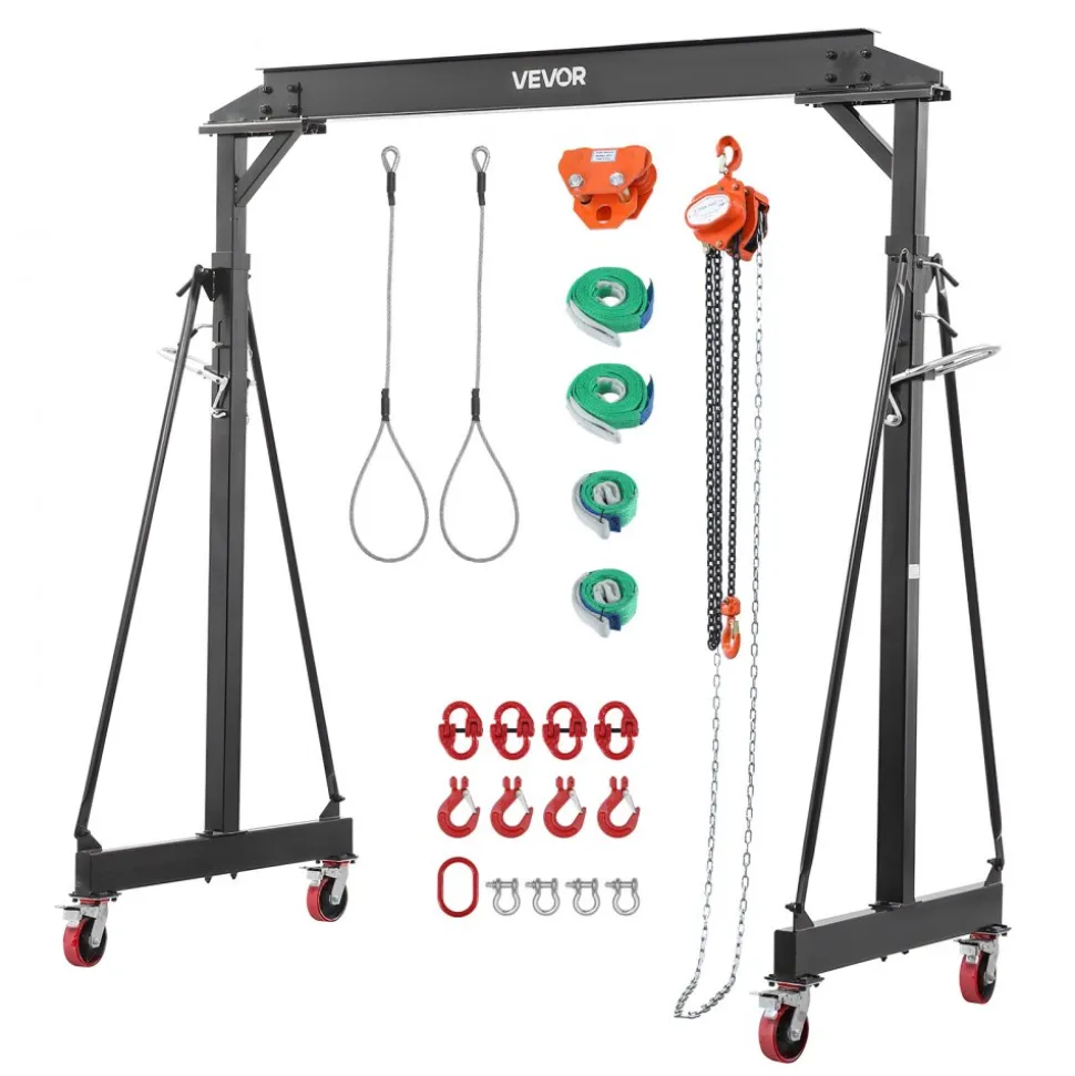 VEVOR Adjustable Gantry Crane, 4400 lbs Capacity, Portable Shop Lift Hoist with 99.6-146.9 in Height Adjustable, Manual Trolley, Hoist, Sling, Shackles, Hooks, for Garage Factory Warehouse Auto Repair