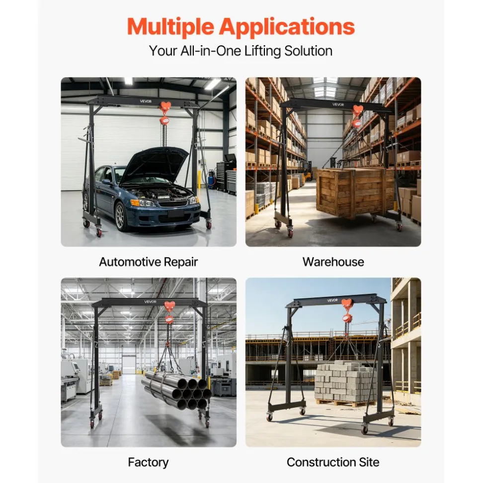 VEVOR Adjustable Gantry Crane, 4400 lbs Capacity, Portable Shop Lift Hoist with 99.6-146.9 in Height Adjustable, Manual Trolley, Hoist, Sling, Shackles, Hooks, for Garage Factory Warehouse Auto Repair
