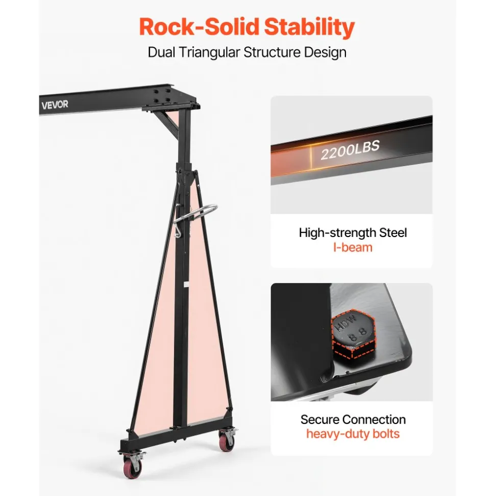 VEVOR Adjustable Gantry Crane, 2200 lbs Capacity, Portable Shop Lift Hoist with 95.7" to 142.9" Height Adjustable, Locking Wheels, Steel Construction, for Factory, Warehouse, Auto Repair, Frame Only