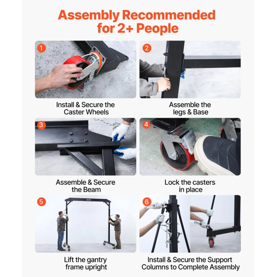 VEVOR Adjustable Gantry Crane, 2200 lbs Capacity, Portable Shop Lift Hoist with 95.7" to 142.9" Height Adjustable, Locking Wheels, Steel Construction, for Factory, Warehouse, Auto Repair, Frame Only