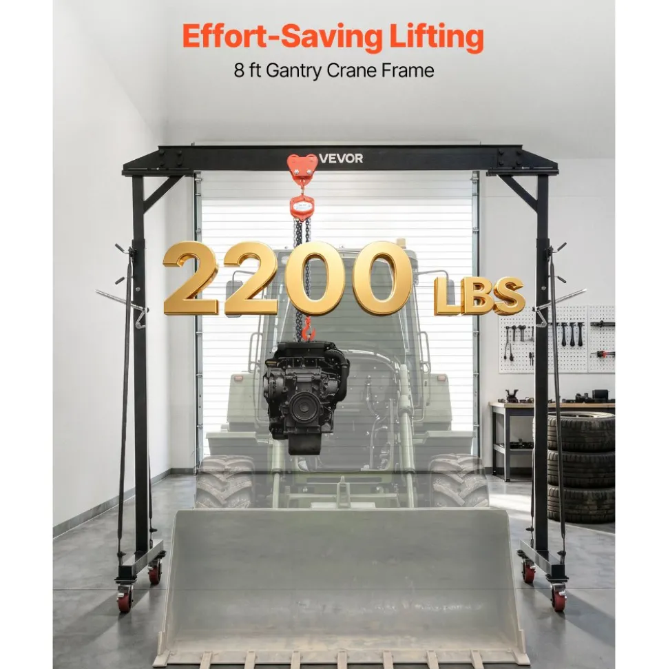 VEVOR Adjustable Gantry Crane, 2200 lbs Capacity, Portable Shop Lift Hoist with 95.7" to 142.9" Height Adjustable, Locking Wheels, Steel Construction, for Factory, Warehouse, Auto Repair, Frame Only