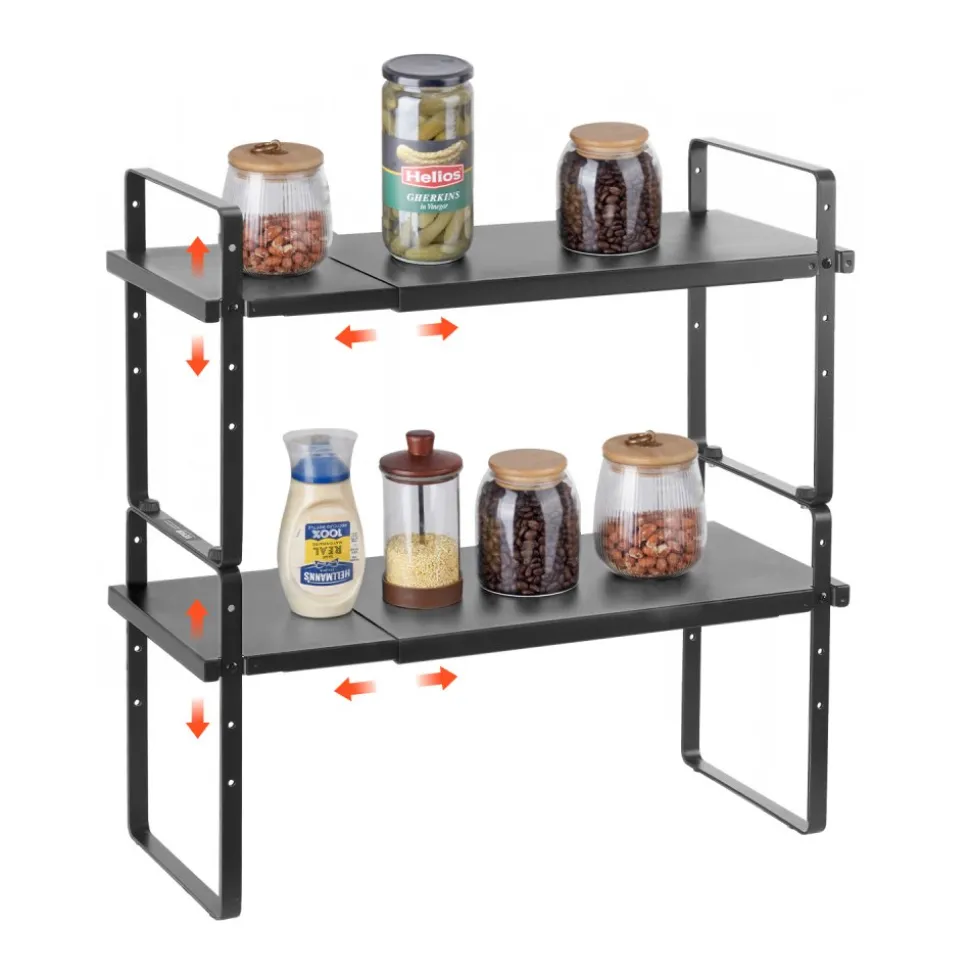 VEVOR Adjustable Kitchen Cabinet Shelf Organizer, Expandable 2 Tier Cabinet Shelf, Stackable Countertop Organizers and Storage Shelf Risers, Pantry Organizers for Kitchen Bathroom Office, Black