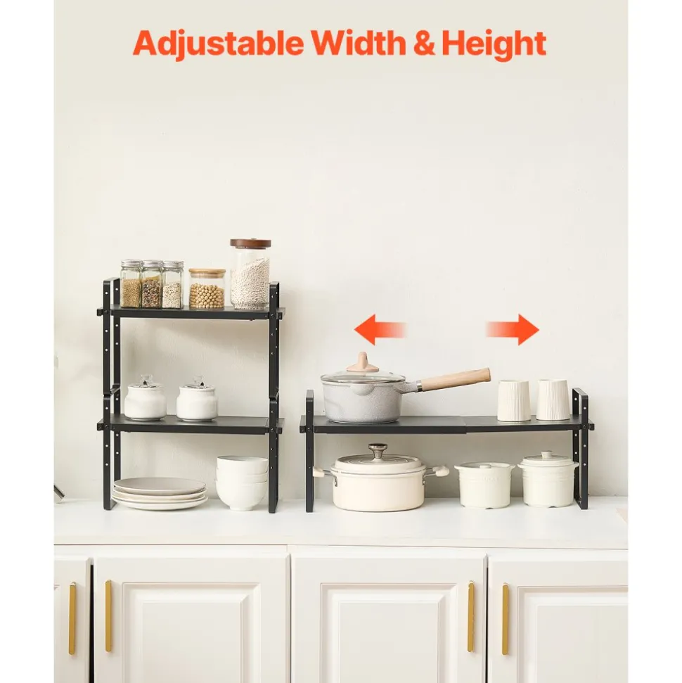VEVOR Adjustable Kitchen Cabinet Shelf Organizer, Expandable 2 Tier Cabinet Shelf, Stackable Countertop Organizers and Storage Shelf Risers, Pantry Organizers for Kitchen Bathroom Office, Black