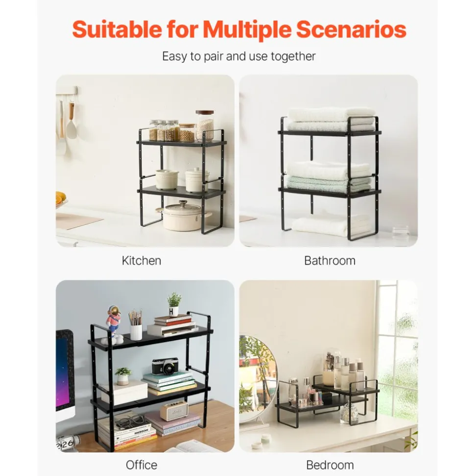 VEVOR Adjustable Kitchen Cabinet Shelf Organizer, Expandable 2 Tier Cabinet Shelf, Stackable Countertop Organizers and Storage Shelf Risers, Pantry Organizers for Kitchen Bathroom Office, Black